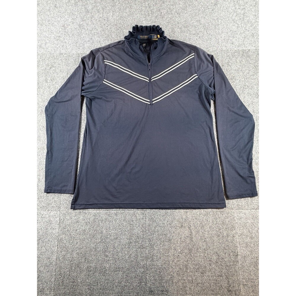 Polo Golf Ralph Lauren Navy Blue Quarter Zip Pullover Ruffle Neck Chevron Large